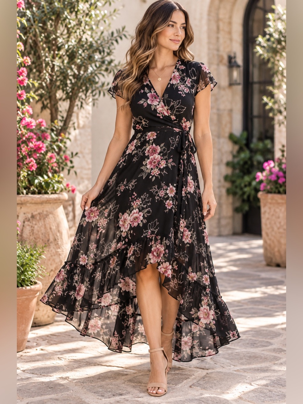 Band of Gypsies Floral Faux Wrap High Low Midi Dress Black Pink Small